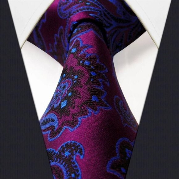 New Hologram Shine Mens Blue Purple Eggplant Black Paisley Design 100% Silk Tie - Picture 5 of 7